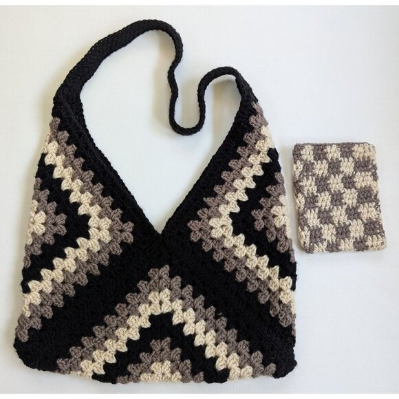 Handcrafted Boho Crochet Shoulder Bag Granny Squares Brown Cream Black - Picture 1 of 7